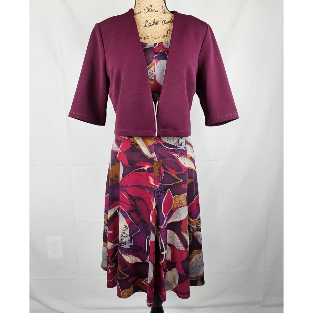 Perceptions New York‎ Dress & Cropped Jacket Set, Burgundy Floral, Large